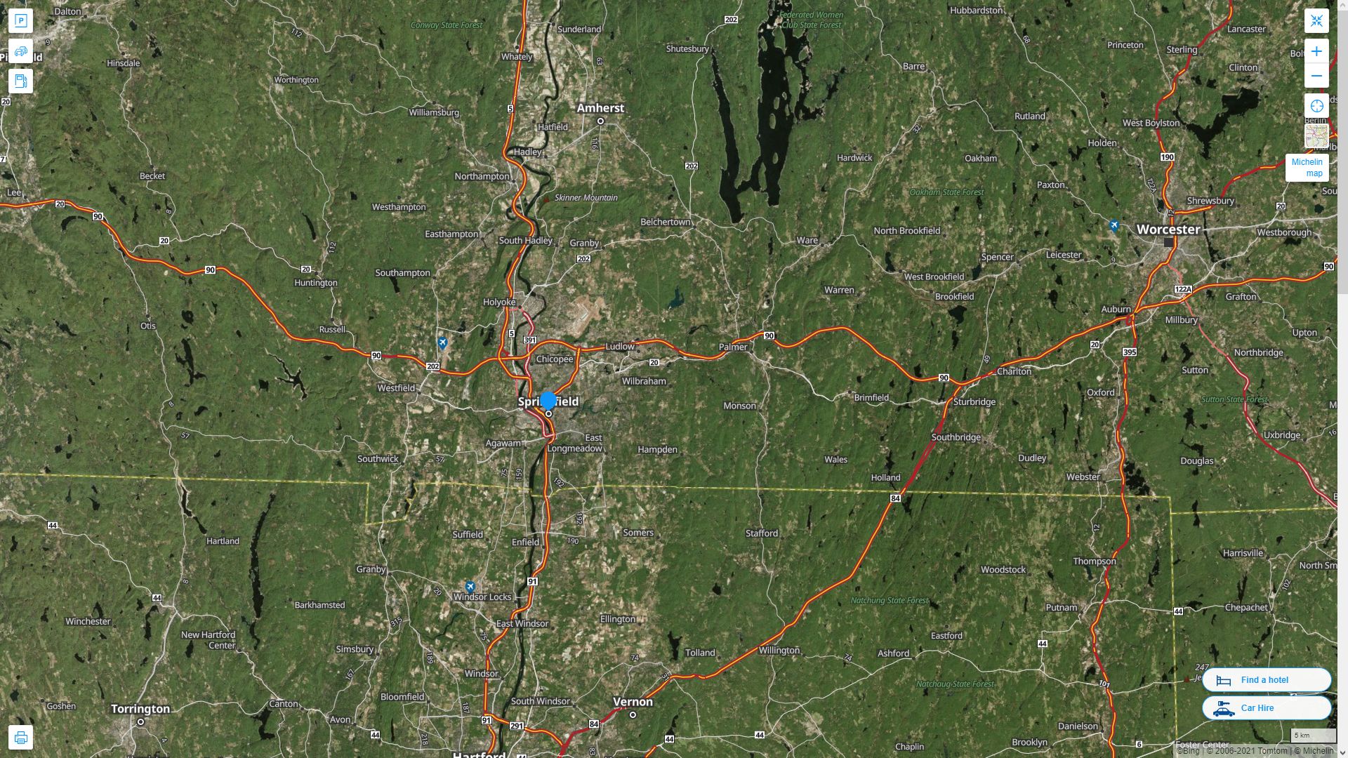 Springfield Massachusetts Highway and Road Map with Satellite View